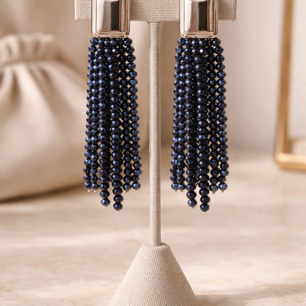 Elegant Silver and Blue Beaded Tassel Earrings